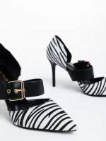 Pantofi dama albi cu negru cu toc din material textil Sadiya