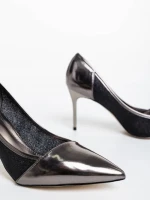 Pantofi dama argintii inchis cu toc din piele ecologica si material textil Tanishka