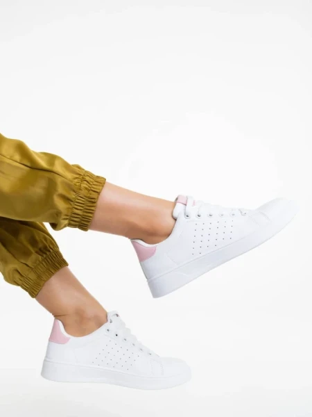 Pantofi sport dama albi cu roz din piele ecologica Rasine