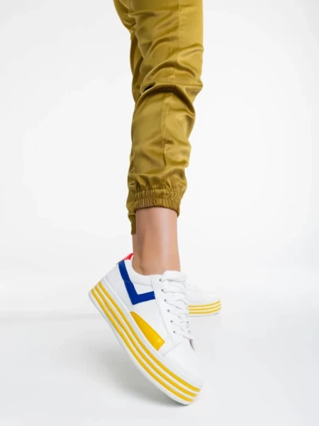 Pantofi sport dama albi cu galben din piele ecologica Gratiela