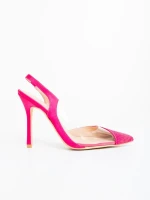 Pantofi dama cu toc roz din material textil Tameza