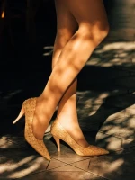 Pantofi dama cu toc bej din material textil Vicara