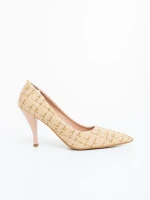 Pantofi dama cu toc bej din material textil Vicara