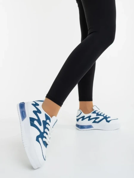 Pantofi sport dama albi cu albastru din piele ecologica si material textil Sindria