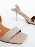 Sandale dama cu toc bej inchis din material textil Laena