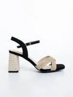 Sandale dama cu toc negre din material textil Rosea