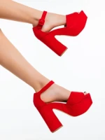 Sandale dama cu toc rosii din material textil Elenia