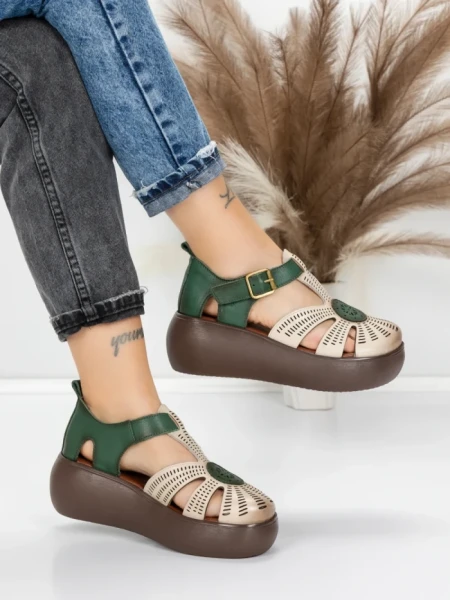 Sandale Dama din piele naturala 10682 CREAM-GREEN | ADVANCER