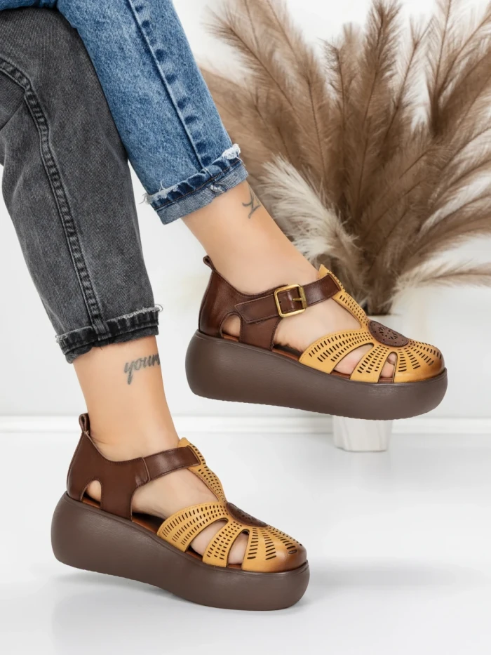 Sandale Dama din piele naturala 10682 YELLOW-BROWN | ADVANCER