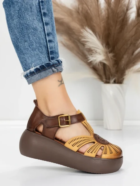 Sandale Dama din piele naturala 10682 YELLOW-BROWN | ADVANCER