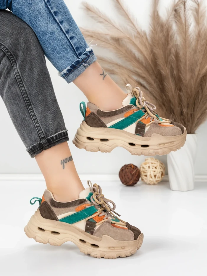 Pantofi Sport Dama din piele naturala HY2986 CREAM-GREEN | FRANCO GERARDO