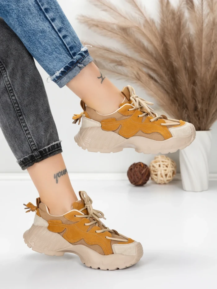 Pantofi Sport Dama din piele naturala 7110 YELLOW-CREAM | FRANCO GERARDO