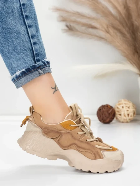 Pantofi Sport Dama din piele naturala 7110 KHAKI-CREAM | FRANCO GERARDO