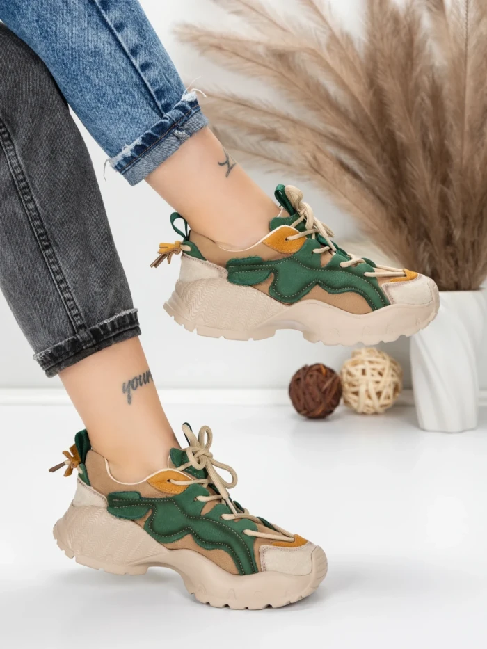 Pantofi Sport Dama din piele naturala 7110 GREEN-CREAM | FRANCO GERARDO