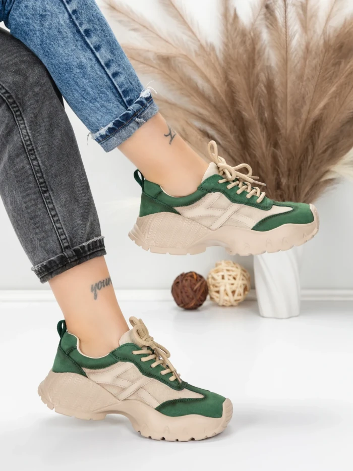 Pantofi Sport Dama din piele naturala 7109 GREEN-CREAM | FRANCO GERARDO