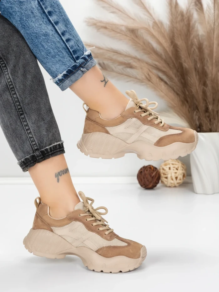 Pantofi Sport Dama din piele naturala 7109 KHAKI-CREAM | FRANCO GERARDO