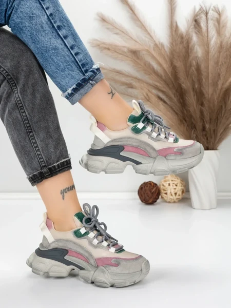Pantofi Sport Dama din piele naturala Y5758-2 GREY-GREEN | FRANCO GERARDO