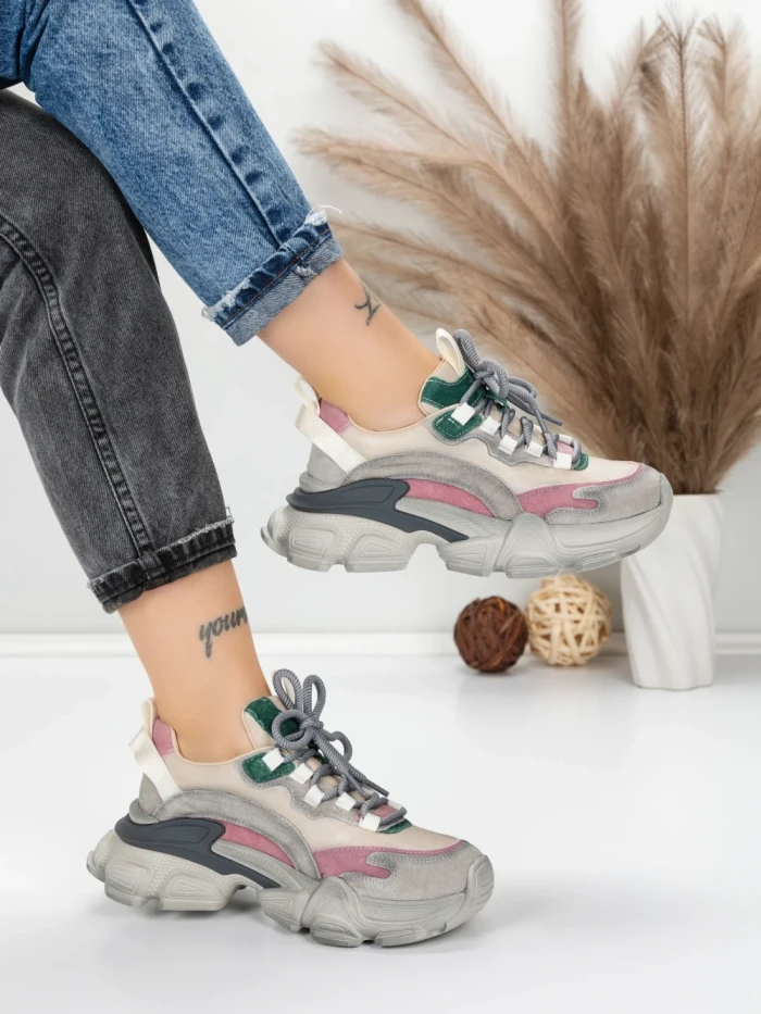 Pantofi Sport Dama din piele naturala Y5758-2 GREY-GREEN | FRANCO GERARDO