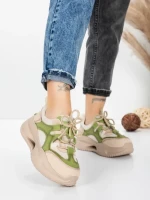 Pantofi Sport Dama din piele naturala 2577 CREAM-LIGHT GREEN | FRANCO GERARDO