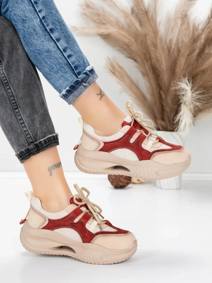 Pantofi Sport Dama din piele naturala 2577 CREAM-RED | FRANCO GERARDO