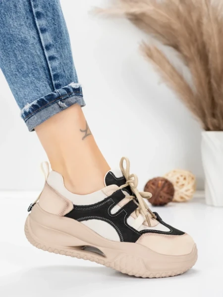 Pantofi Sport Dama din piele naturala 2577 CREAM-BLACK | FRANCO GERARDO