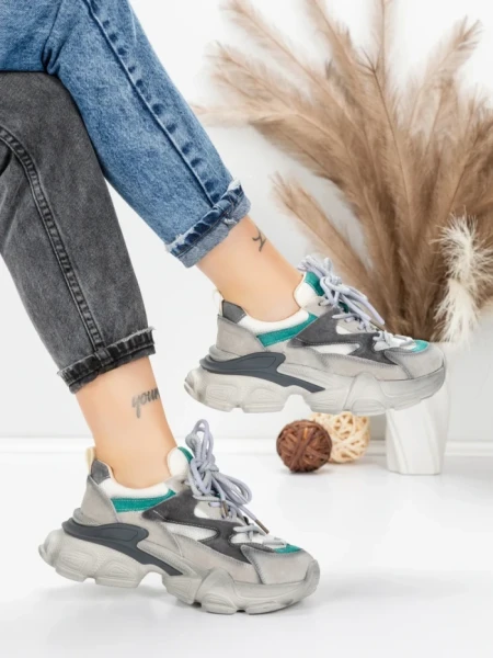 Pantofi Sport Dama din piele naturala HY5798 GREY-LIGHT GREEN | FRANCO GERARDO