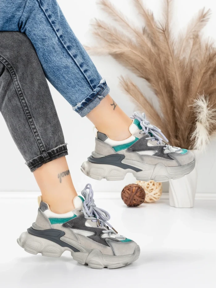 Pantofi Sport Dama din piele naturala HY5798 GREY-LIGHT GREEN | FRANCO GERARDO