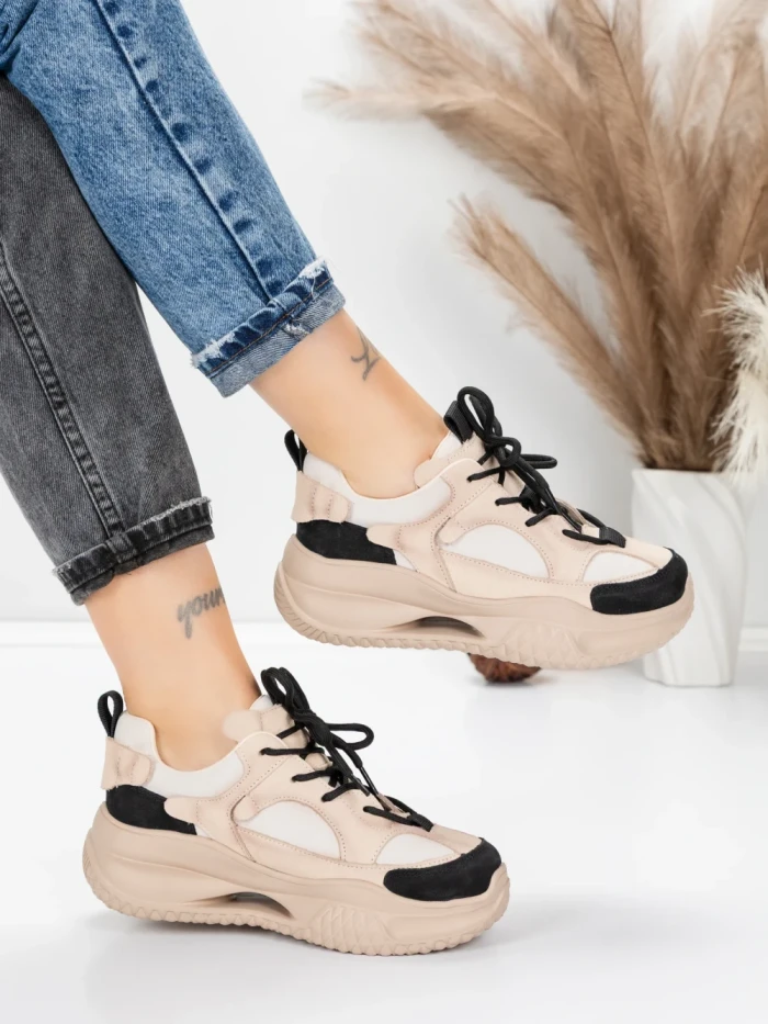 Pantofi Sport Dama din piele naturala 2576 CREAM-BLACK | ADVANCER
