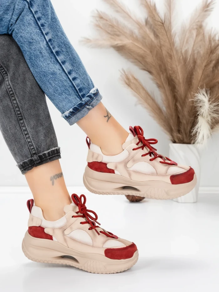 Pantofi Sport Dama din piele naturala 2576 CREAM-RED | ADVANCER