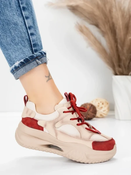 Pantofi Sport Dama din piele naturala 2576 CREAM-RED | ADVANCER