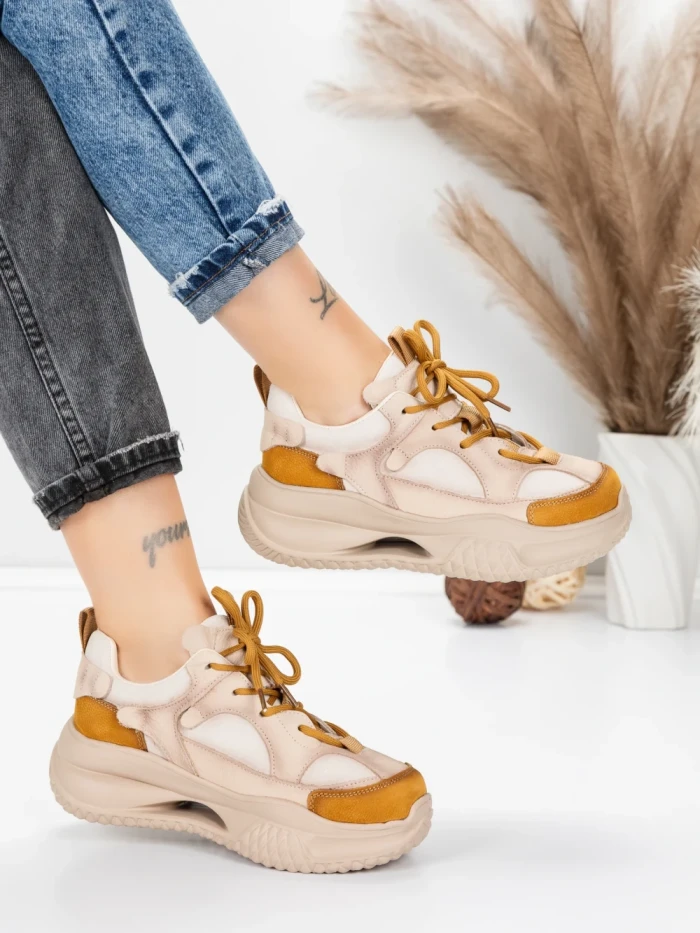 Pantofi Sport Dama din piele naturala 2576 CREAM-YELLOW | ADVANCER