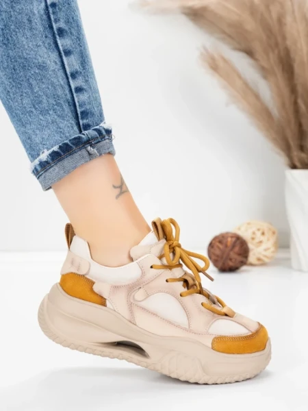 Pantofi Sport Dama din piele naturala 2576 CREAM-YELLOW | ADVANCER