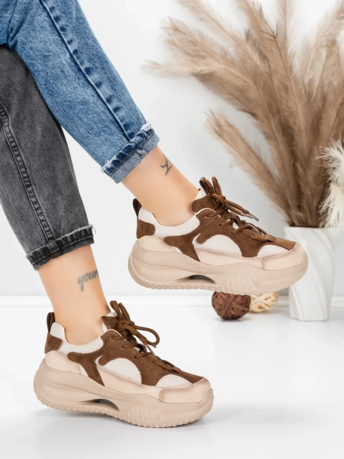 Pantofi Sport Dama din piele naturala 2576 CREAM-COFFEE | ADVANCER