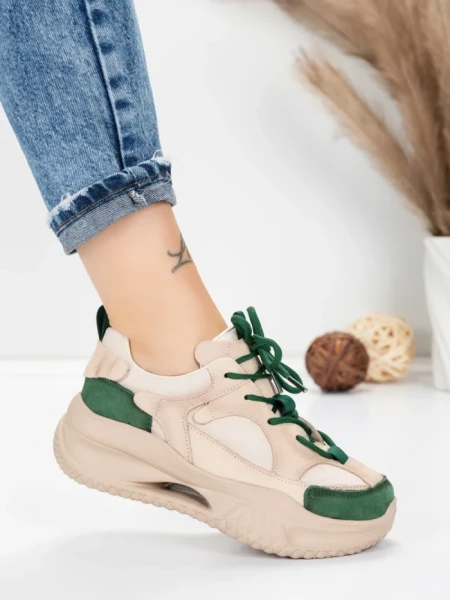 Pantofi Sport Dama din piele naturala 2576 CREAM-GREEN | ADVANCER