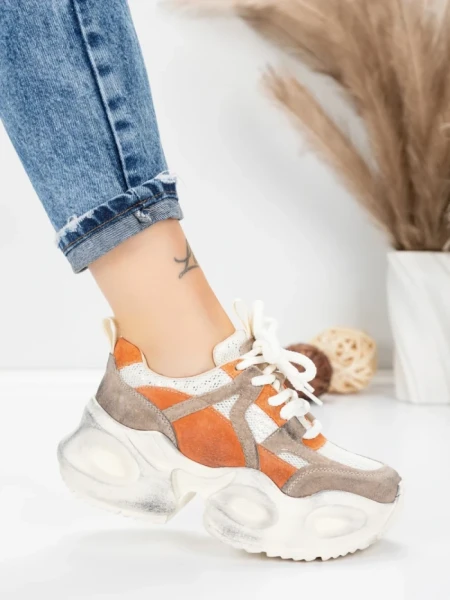 Pantofi Sport Dama din piele naturala HY8985 ORANGE-DARK GREY | FRANCO GERARDO