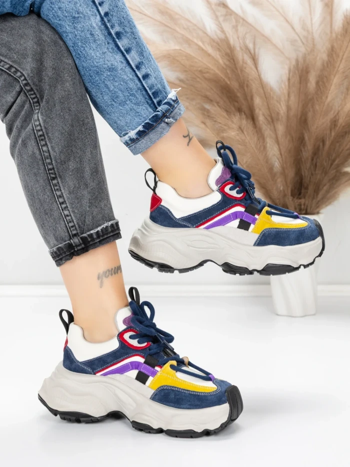 Pantofi Sport Dama din piele naturala HY1369 BLUE-YELLOW | FRANCO GERARDO