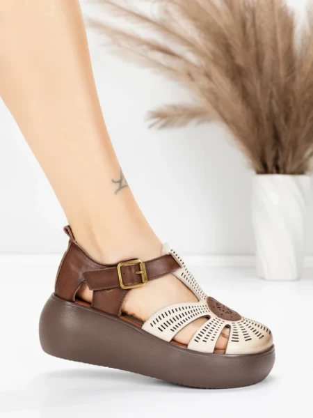 Sandale Dama din piele naturala 10682 CREAM-BROWN | ADVANCER